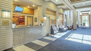 A hotel lobby with a reception desk, a TV screen, a framed picture, and a seating area with a plant.