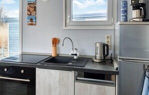 Fridge, stovetop, dishwasher, coffee/tea maker