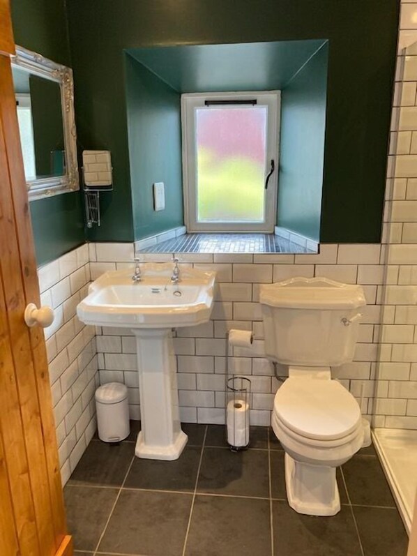 Une salle de bain avec un lavabo sur colonne, des toilettes et une fenêtre en verre dépoli.