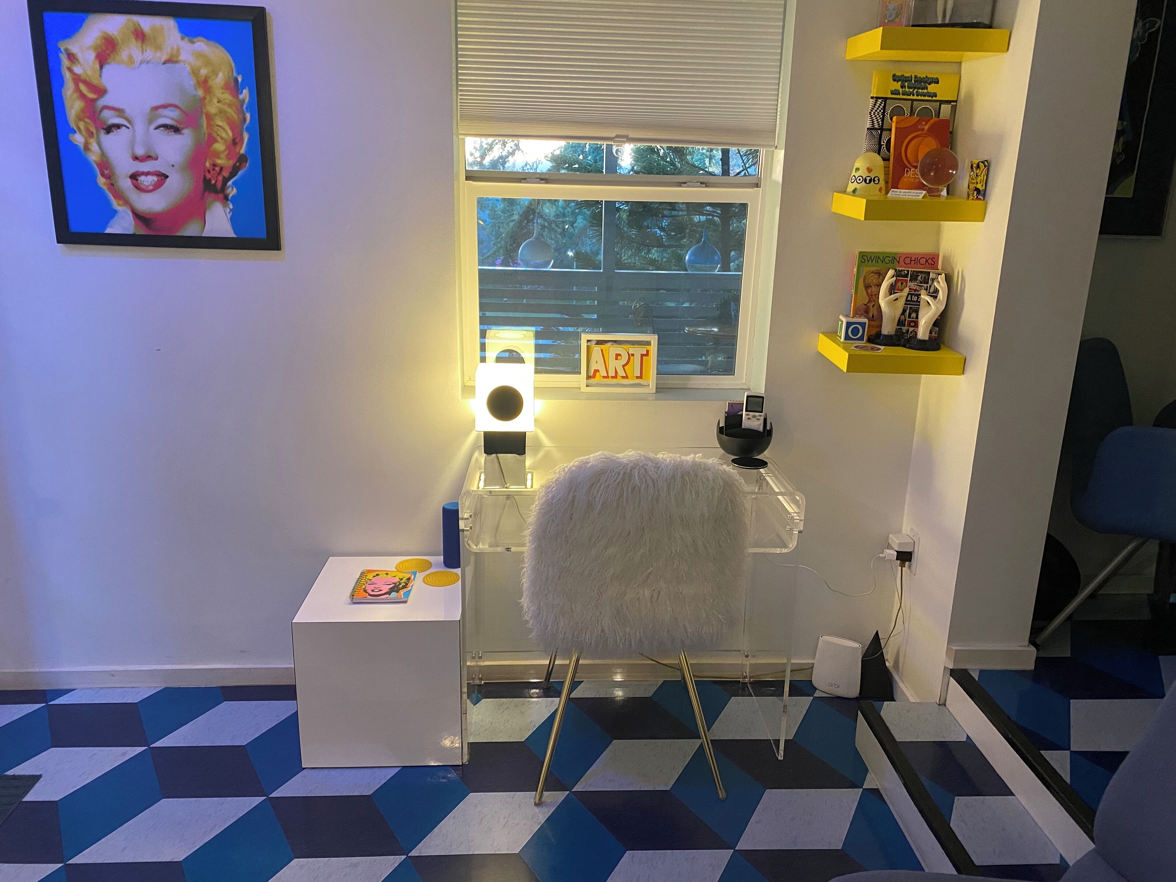 Upgrade! Dedicated workspace with plexiglass desk and fun fur chair.