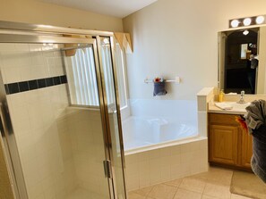 Hair dryer, towels, soap, toilet paper