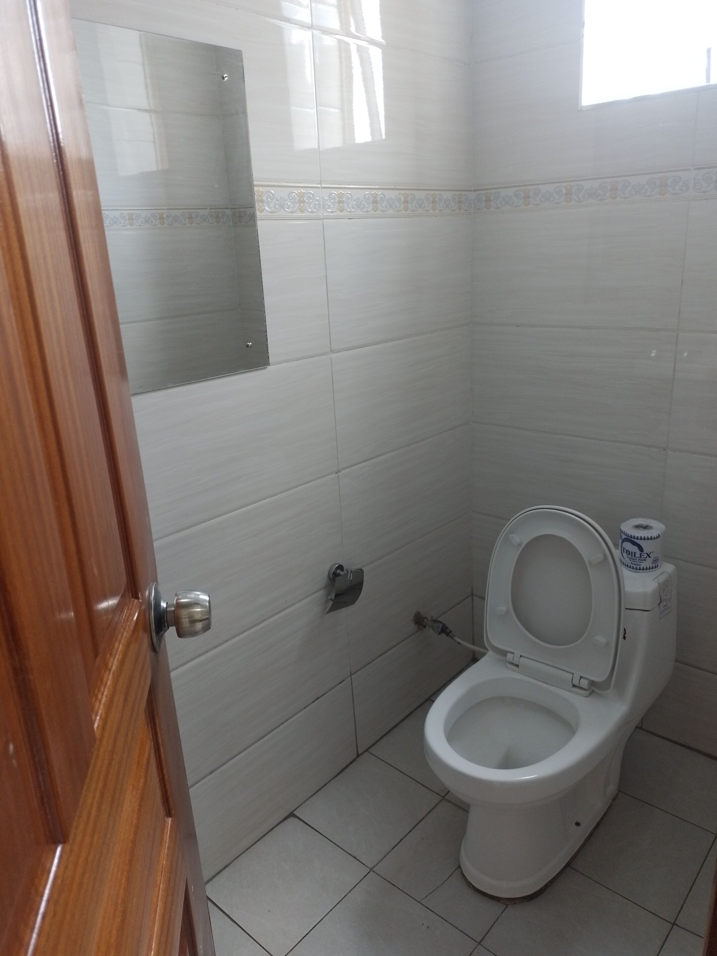 Une salle de bain avec des toilettes, un miroir et une porte.