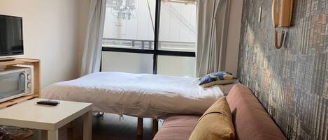 Cozy retreat with a single bed, sofa, and flat-screen TV.
