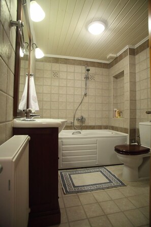Combined shower/tub, hair dryer, towels