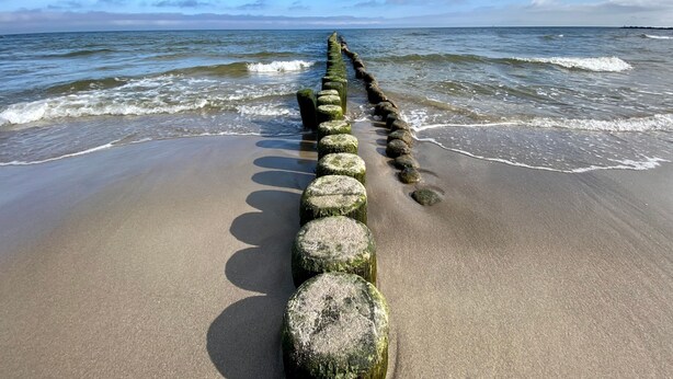A beach with a row of large, weathered rocks leading to the water.