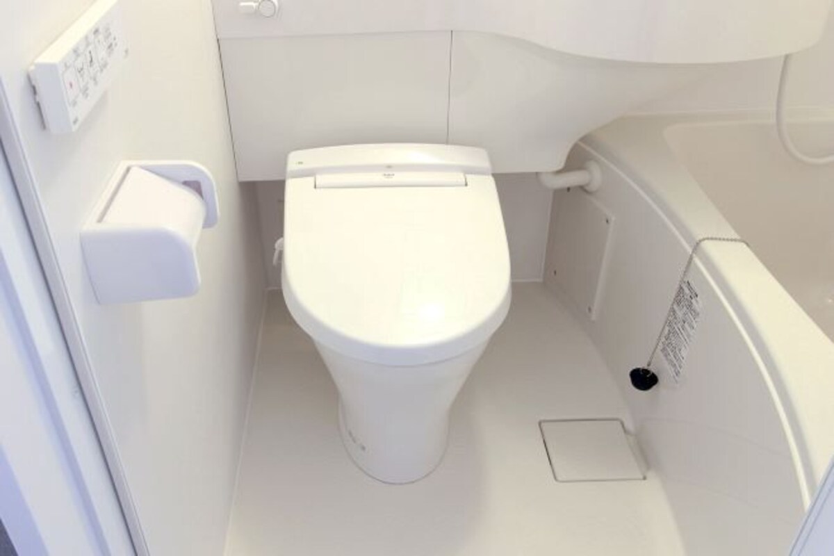Een kleine, witte badkamer met een toilet, een toiletrolhouder en een bad.