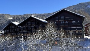 En rad hus i chaletstil med balkonger, med ett snöklätt berg i bakgrunden.