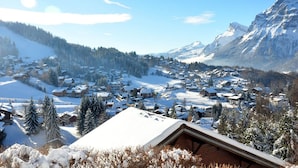 A snow-covered village with traditional wooden houses, a mountain backdrop, and a clear sky. - 3-room cabin apartment with parking, near slopes and shops (Les Carroz d'Arâches)
