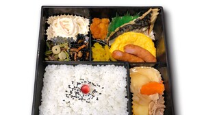 Eine Bento-Box mit weißem Reis, Fisch, Ei und Gemüse.