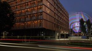 A multi-story building with a modern design, featuring balconies and a prominent 'Z' logo on the facade. - Zoku Vienna (Vienna)