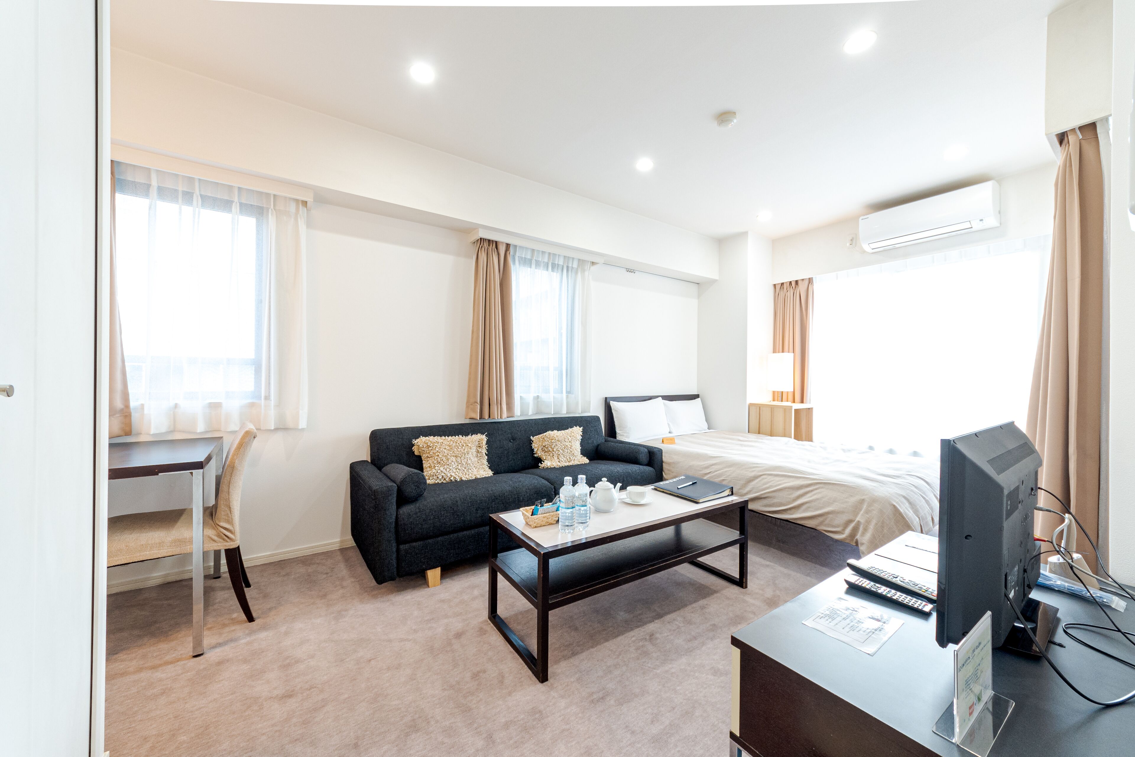 A hotel room with a bed, a sofa, a desk, and a television.