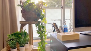 A room with a large window, a wooden desk, a television, and various potted plants. - Pangoo Shinagawa (Tokyo)