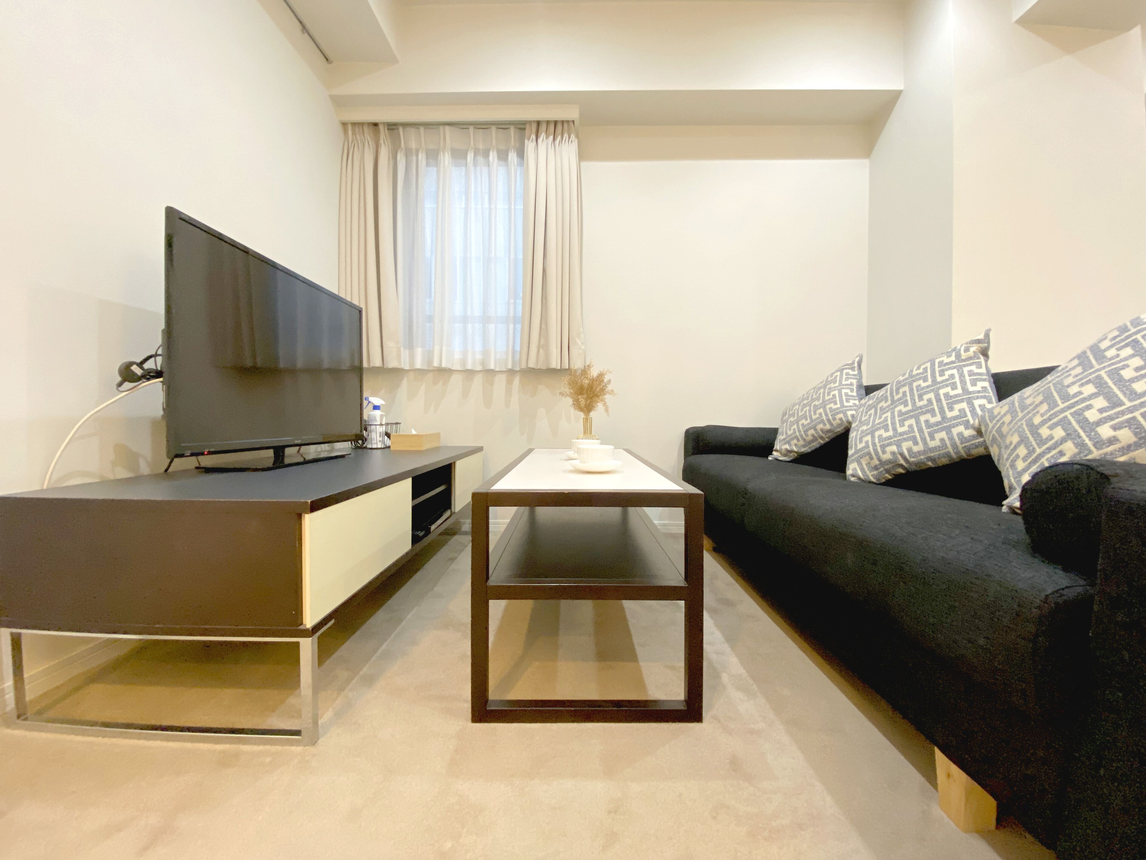 A modern living room with a flat-screen TV, a sofa with patterned cushions, and a small coffee table.