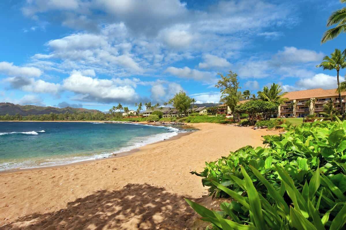 En la playa, camastros y toallas de playa 