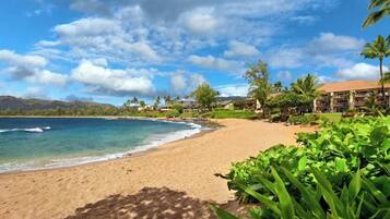 En la playa, camastros y toallas de playa