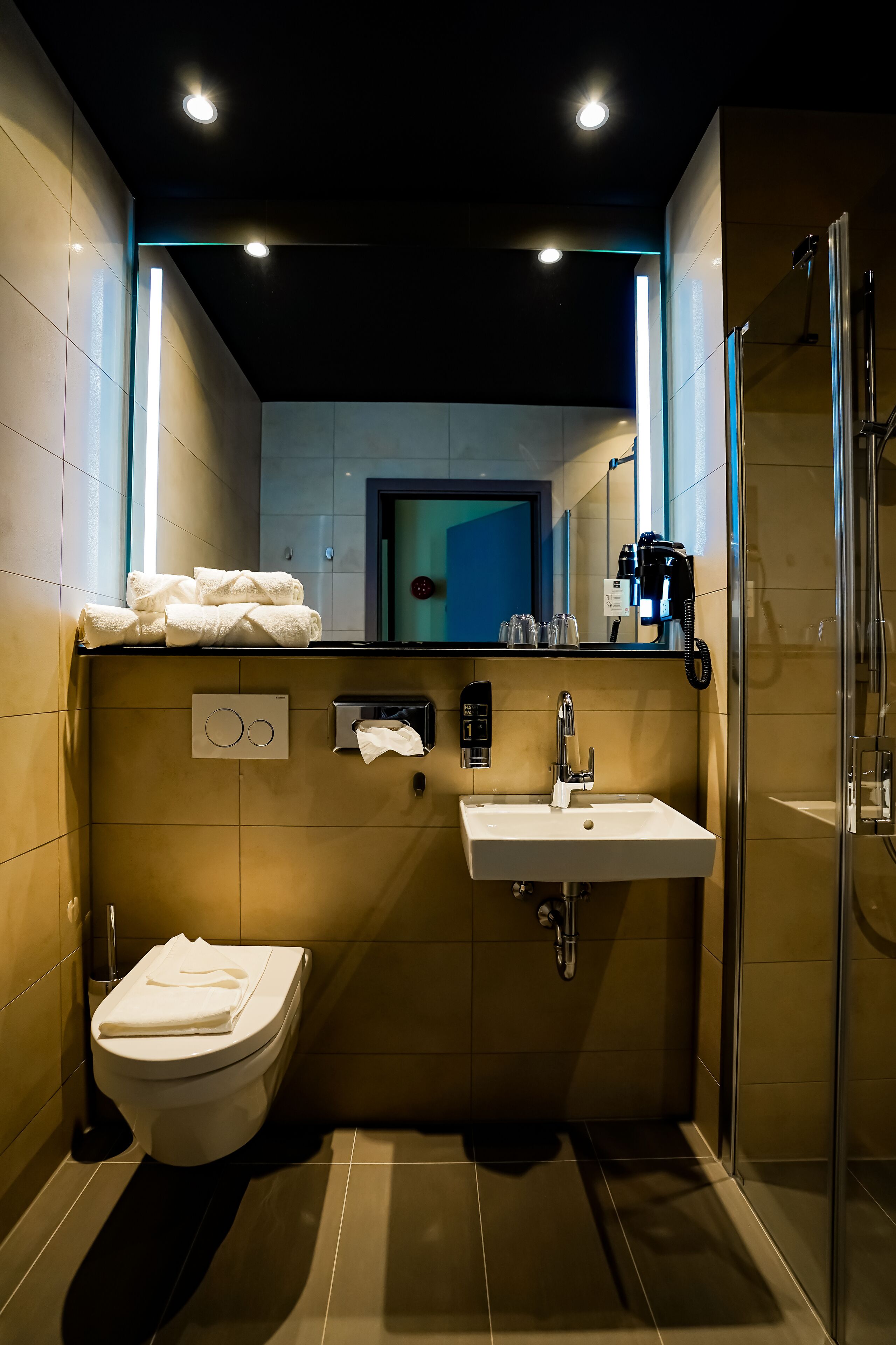 hair dryer, towels, soap, shampoo