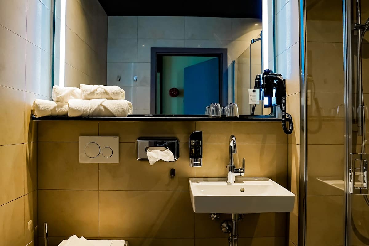 hair dryer, towels, soap, shampoo