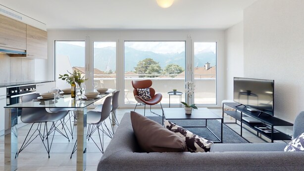 A modern apartment with a dining area, sofa, and TV. - Nonanteneuf Aigle (Aigle)