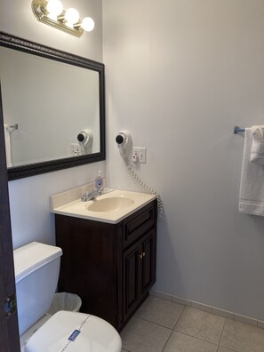 A bathroom with a white sink, dark wooden vanity, a white toilet, a hairdryer, and a towel rack. - Hotel Pratt in the heart of Cooperstown, New York **Baseball Central** (Cooperstown)