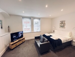 A modern bedroom with a bed, a TV, a sofa, and a window with blinds. - Southside Street Apartments (Plymouth)