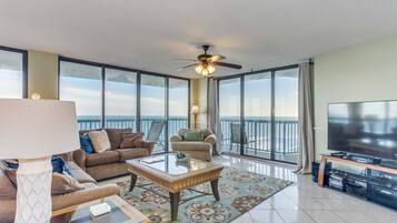 Penthouse, 4 Bedrooms, Balcony (1701) | Living room | TV, fireplace, DVD player