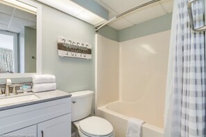 Condo, 2 Bedrooms, Balcony, Partial Ocean View (2651) | Bathroom | Hair dryer, towels - Sand Dunes Resort By Escape (Myrtle Beach)