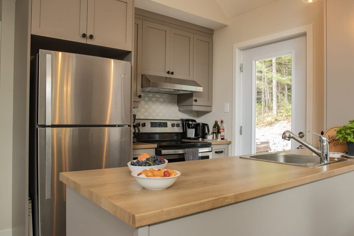 Coffee/tea maker, fridge, microwave, oven