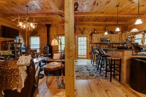 Televisión, chimenea, reproductor de DVD, libros