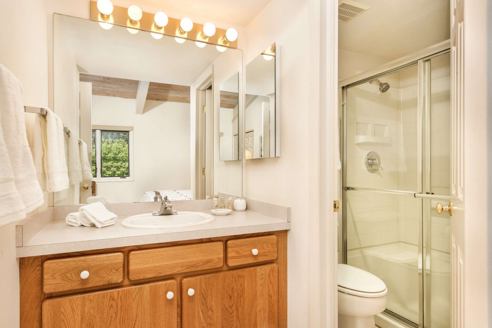 A bathroom with a vanity, sink, mirror, and a glass shower enclosure.