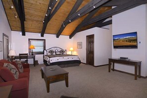 Una habitación con cama, televisor, escritorio y sofá.