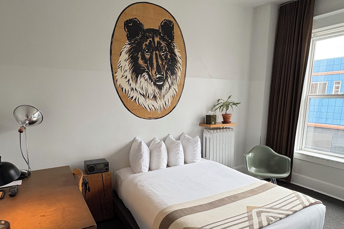 Une chambre d’hôtel comprenant un lit, un bureau, une chaise, une décoration murale représentant un chien, une fenêtre avec des rideaux et une plante en pot.