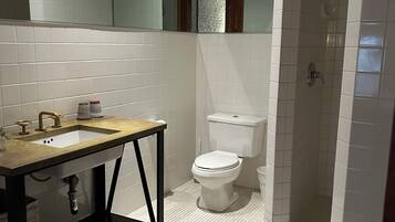 A bathroom with a sink, toilet, and shower.
