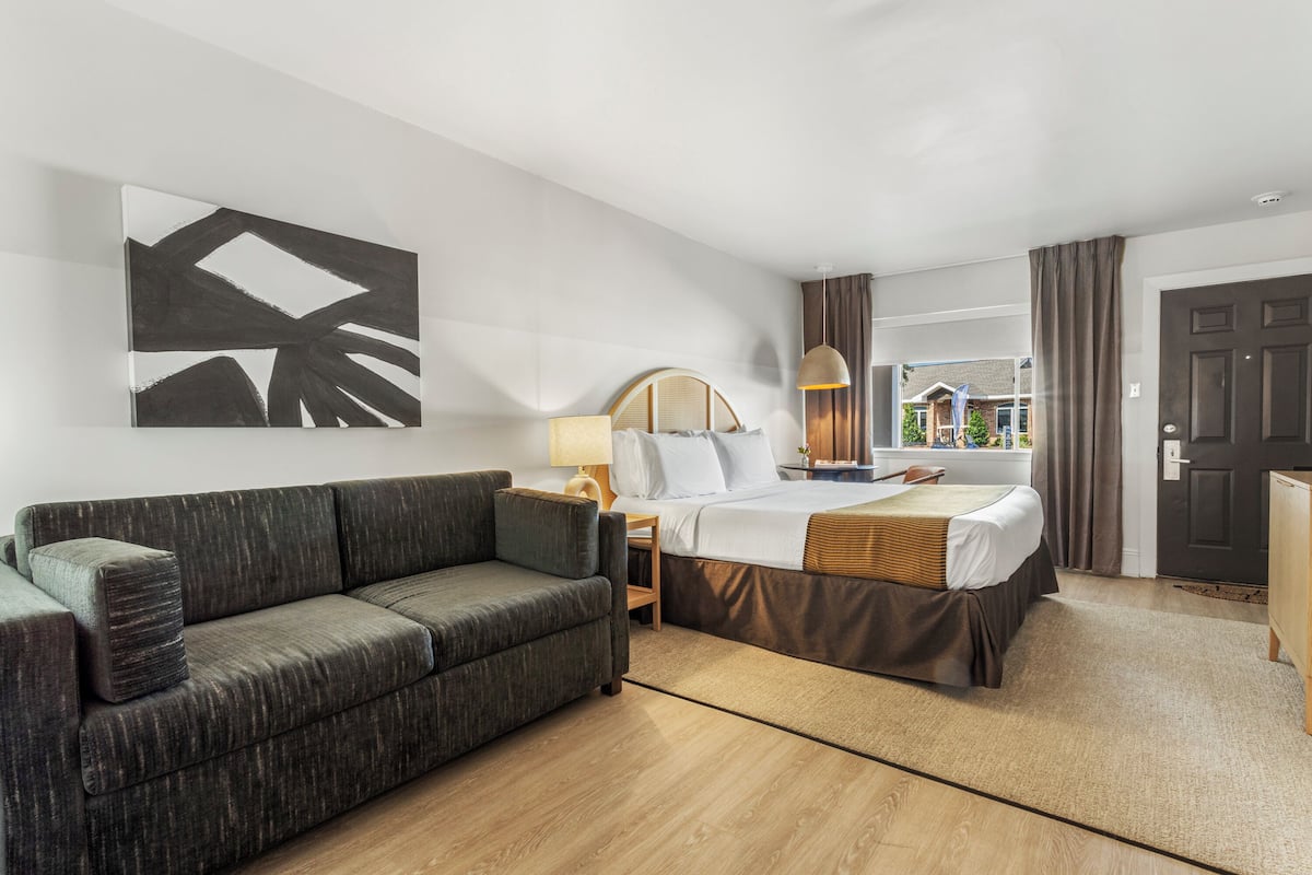 A modern hotel room with a large bed, a sofa, a bedside table, a lamp, and a large abstract painting on the wall.