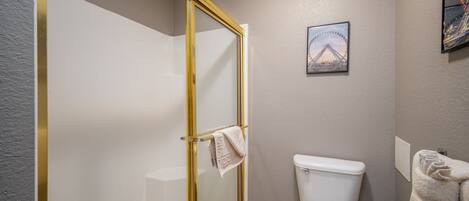 A bathroom with a glass-enclosed shower, a toilet, and a framed picture on the wall.