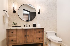 Hair dryer, towels, soap, shampoo