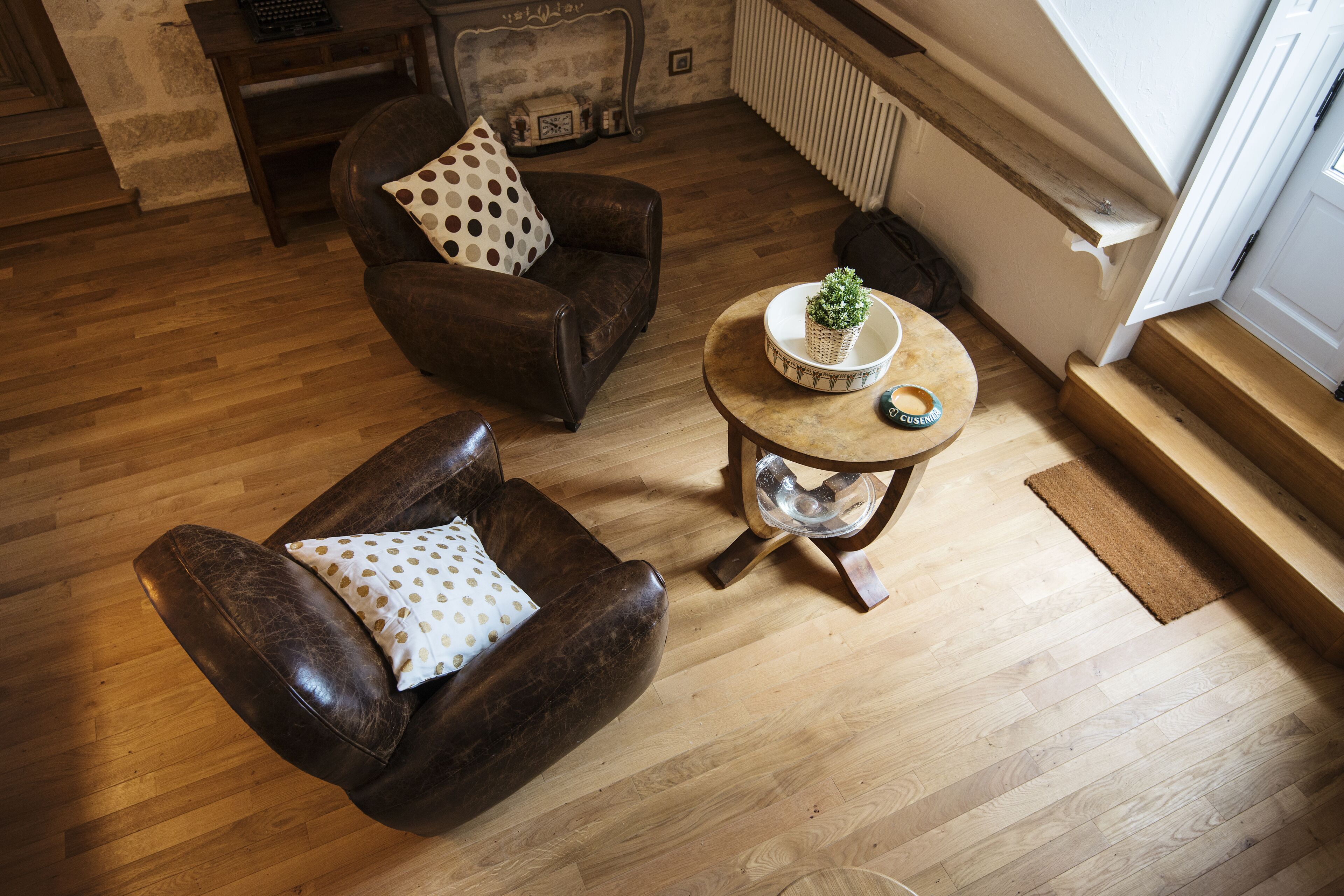 Un salon chaleureux avec un canapé et un fauteuil en cuir marron, une table basse ronde en bois agrémentée d’une plante, et une porte blanche en arrière-plan.
