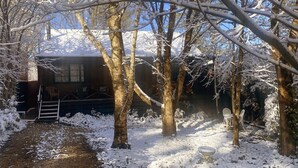 Una cabana rústica amb façana de fusta, envoltada d'arbres coberts de neu i un cel serè.