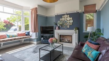 Smart TV, fireplace, Netflix, books