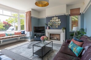 Smart TV, fireplace, Netflix, books