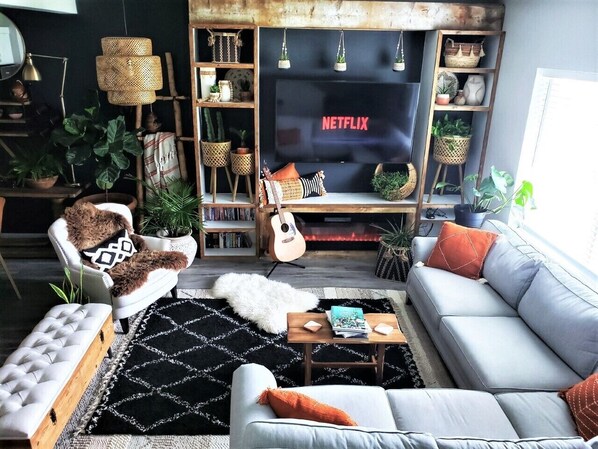 TV, DVD player, books, video library