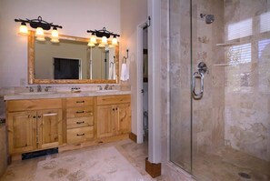 Shower, hair dryer, shampoo