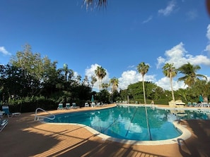 Una piscina cristallina con lettini e palme sullo sfondo.