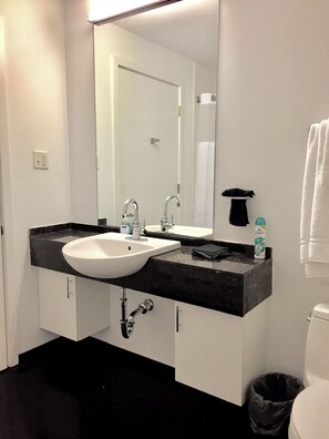 Hair dryer, towels, soap, shampoo