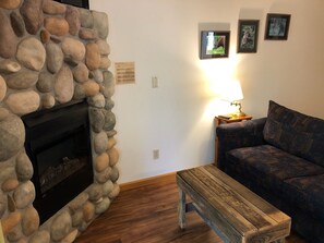 Smart TV, fireplace, books
