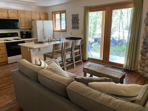 Smart TV, fireplace, books