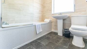 Bathtub, hair dryer, bidet, towels