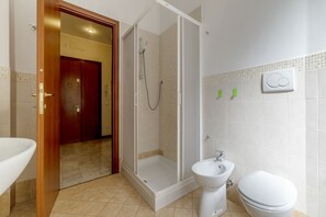 Shower, hair dryer, bidet, towels