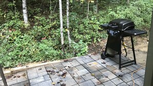 A patio with a grill and a view of a forest. - Peaceful 2Bedroom, 1.5Bath Cottage near Wood Creek Boat Dock (London)