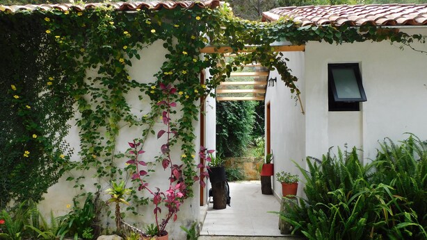 A garden entrance with a tiled roof, potted plants, and a pathway leading to a building. - San Nicolás Rotamundos (San Cristóbal de las Casas)