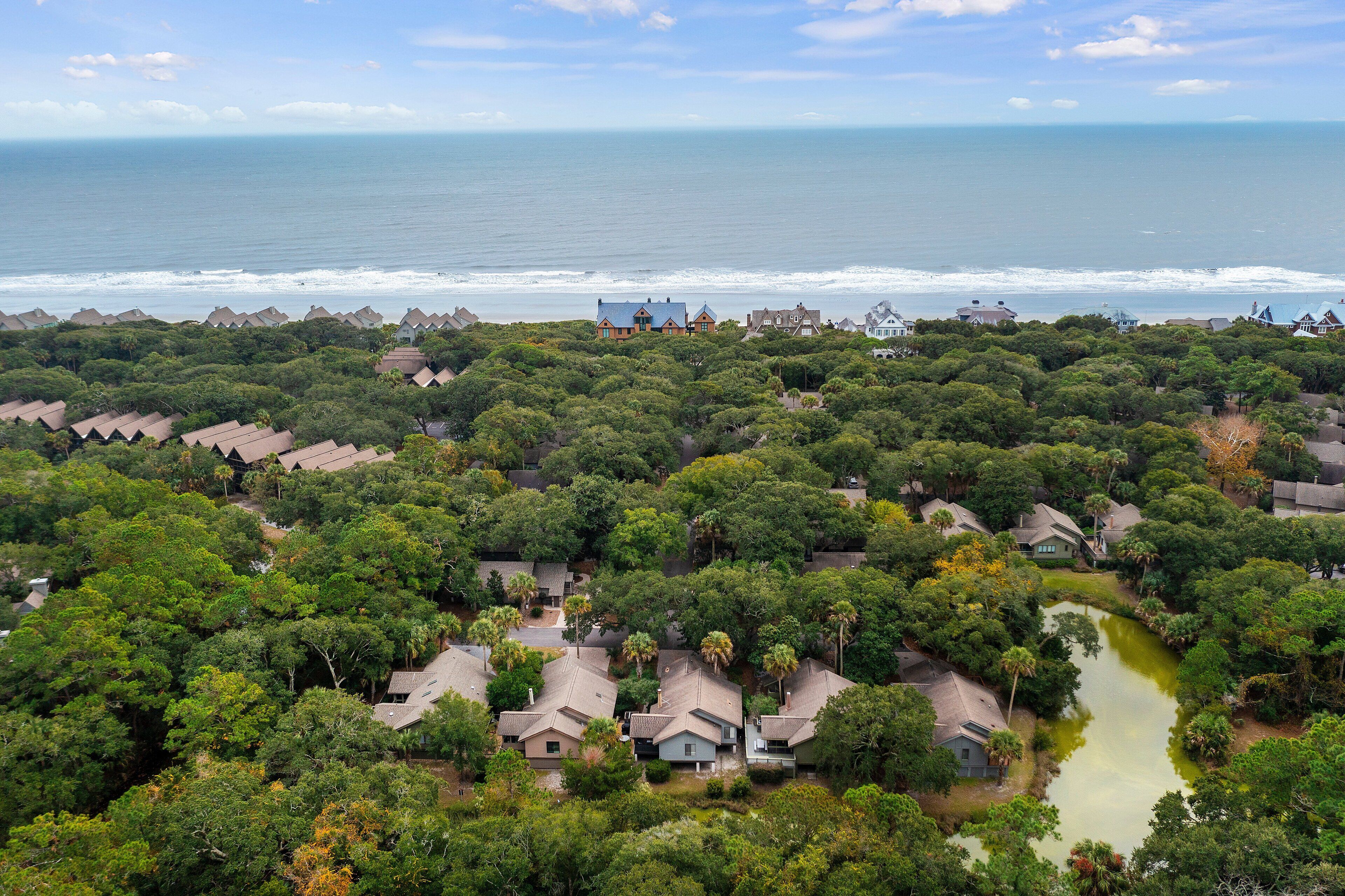 Luchtbeeld van een woonwijk met huizen, omringd door weelderige begroeiing, een klein vijvertje en uitzicht op de oceaan.